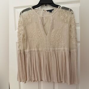 American Eagle white lace illusion top with flowy bell sleeves